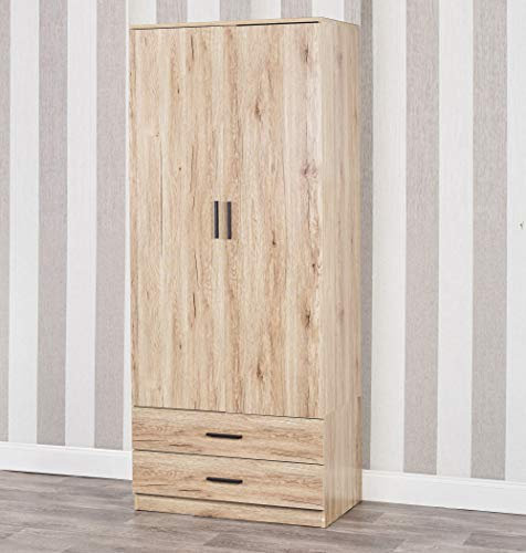 URBNLIVING Tall Wooden 2 Door Wardrobe With 2 Drawers Bedroom Storage Hanging Bar Clothes (Oak Carcass + Oak Drawers)