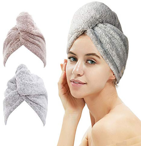 M-bestl 2 Pack Hair Drying Towels, Hair Wrap Towels, Super Absorbent Carbon fiber Hair Turban Towel with Button Design to Dry Hair Quickly(star gray& star pink
