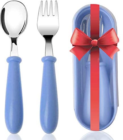 Toddler Fork and Spoon Set, Acehome Stainless Steel Baby Cutlery Set with Travel Case Dishwasher Safe for Kids, Children Flatware Weaning and Learning to Use (Blue)