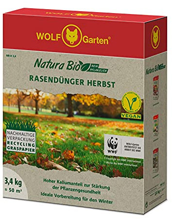 Wolf-Garten - Natura Bio Rasendünger Herbst für 50m²; Verpackung aus Recycling Graspapier, Rot
