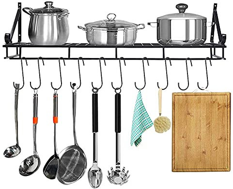 Estante para Colgar macetas, montado en la Pared, Estante Colgante de Metal Negro con 10 Ganchos organizadores, Bandeja Estante de Almacenamiento de Cocina para sartenes