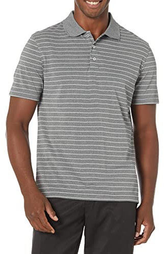 Amazon Essentials Polo de Golf, Manga Corta, Corte Ajustado, Secado Rápido Hombre, Gris Chiné Moyen Rayas, XL