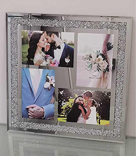 Biznest Wall Hanging Multi Aperture 4 Picture Photo Frame 6”x4” Hold 4 Picture Silver Mirrored Crushed Jewel Crystal Diamante (34cmx34cm)