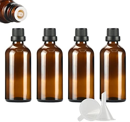 ZEOABSY 4 Pièces Flacon Aromathérapie 100ml en Verre Brun Ambré avec Bouchon Codigoutte Noir, Compte Gouttes Inviolable, Bouteilles en Verre D'huile Essentielle Vides Flacon de Voyage