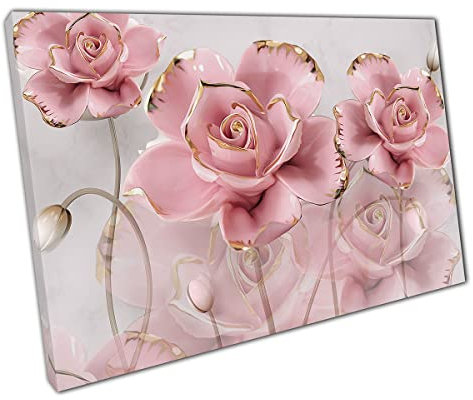 3D Illustration Style Delicate Pink Gold Roses Reflecting In Grey Marble Wall Art Print On Canvas Picture For Home Office Decor 61x41cm (24x16In)