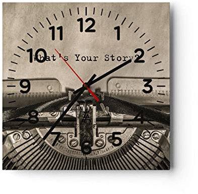 Modern Wanduhr Maschine Schreiben Text 30x30cm Quadrat Klein Wand Uhr Glas Analog Zimmeruhren Küche Büro Wohnzimmer Glasuhr Wall Clock Dekoration Design Wanddekoration Küchenuhr C4AC30x30-4976