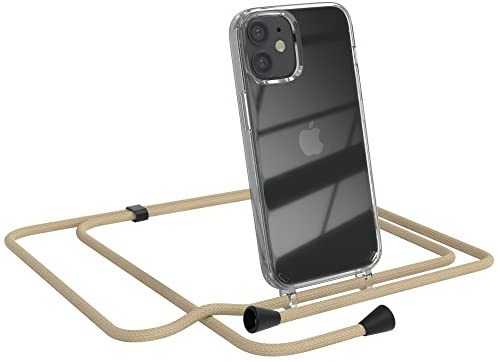 EAZY CASE Handykette kompatibel mit iPhone 12 Mini Handyhülle mit Umhängeband, Handykordel mit Schutzhülle, Silikonhülle, Hülle mit Band, Stylische Kette für Smartphones, Taupe - Clips Schwarz