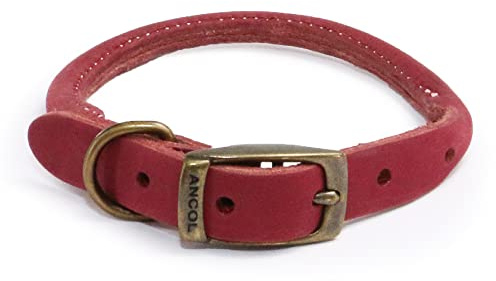 Ancol Timberwolf Round Leather Dog Collar in Raspberry - Top Grain Bridle Leather with Nylon Core Durable Pet Training Accessory - 45-54cm Size 6