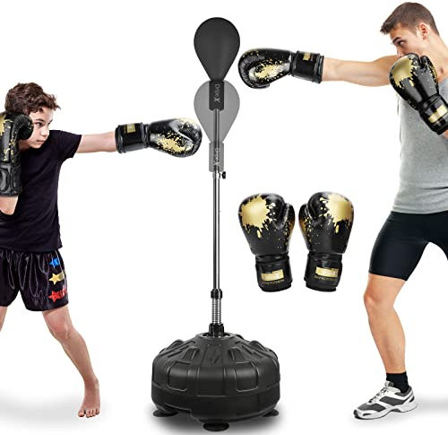Dripex Punching Ball sur Pied avec Gants Enfant Sac de Frappe Boxe avec Base à 6 Ventouses Hauteur Réglable 135-155 cm - Noir
