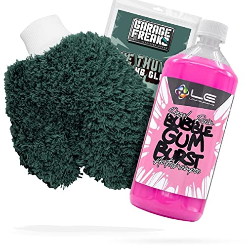 detailmate Autowäsche Bundle - Autoshampoo Liquid Elements Pearl Rain Bubble Gum 1L + Garage Freaks One Thumb Washing Glove - Autopflege Set mit Waschhandschuh und Auto Shampoo
