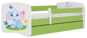 Babybett 80 x 160 cm, Grün ohne Schublade, ohne Matratze, Elefantenmotiv