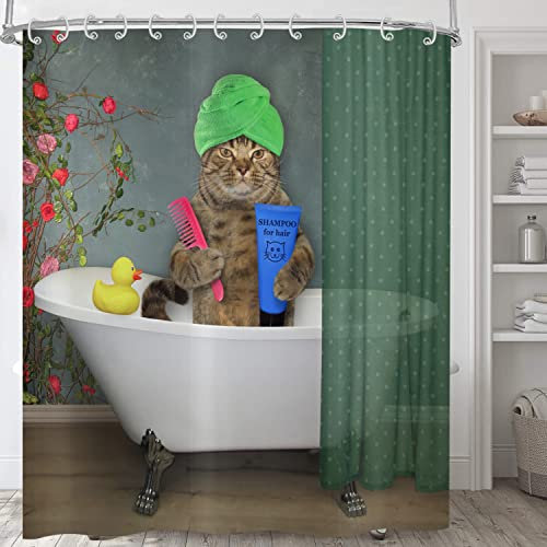 ASDCXZ Tenda da doccia divertente gatto 180 x 200 cm, divertente doccia con gatto fiori per bambini lavabile tenda da doccia impermeabile in poliestere tenda da doccia per vasca da bagno con 12 ganci