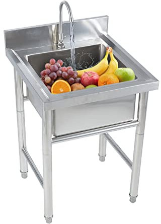 Fregadero Industrial Acero Inoxidable Con Patas Comercial De Un Solo Tazón Fregadero De Cocina Independiente Lavabo De Mano Para Lavandería, Patio Trasero, Garaje, Restaurante, Al Aire Libre