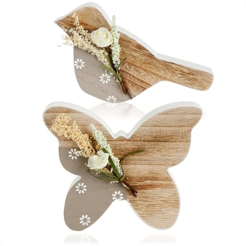 com-four® 2X Dekofigur aus Holz, Schmetterling und Vogel für Frühlingsdeko | Aufsteller zu Ostern - Frühling - Sommer - leichte Holz-Figuren - Osterdekoration