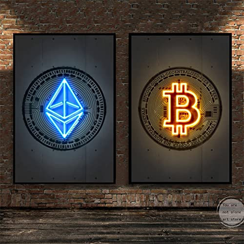 Moderne Abstrakte Neon-Stil Bitcoin Und Ethereum Kunst Poster 2 Stücke Leinwand Malerei Wanddruck Bild Für Wohnzimmer Wohnkultur 30Cmx40Cmx2Pcs Kein Rahmen