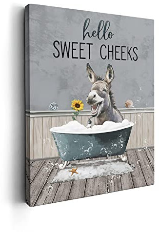 Kasluolo Esel Badezimmer Dekor Wandkunst Lustiger Esel sitzend in Badewanne Poster Bauernhaus Esel Badezimmer Bild Druck Gemälde Wanddekoration für Badezimmer WC Gerahmtes Kunstwerk 30,5 x 40,6 cm