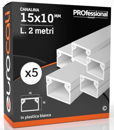 Canalina Passacavi 15x10 mm in plastica bianca con coperchio Lunghezza 2 metri - Pacco da 5 Canaline (10m)