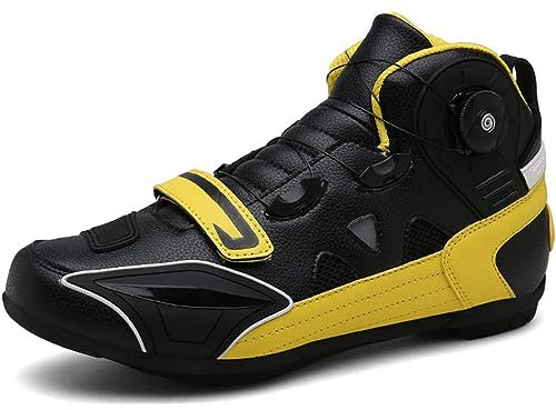 DJFOG Motorradstiefel Herren, verstärkte rutschfeste Straßen-Motorrad-Reitschuhe, Leder-Motorrad-Sneaker mit Drehschnalle,Gelb,43 EU