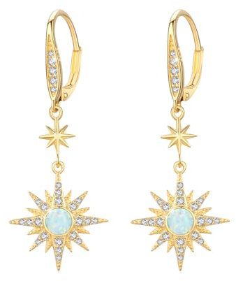 MEDWISE Opal Ohrringe Frauen 925 Sterling Silber Stern Ohrringe Tropfen Gold Achtzackiger Stern Hängend Opal Gold Schmuck für Frauen Tochter Damen Freundin Mädchen Mutter Mama Geschenk
