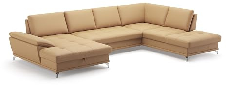 Cavadore Wohnlandschaft Castiel mit Federkern / Sofalandschaft mit XL-Longchair, Sitztiefenverstellung, satinierten Metallfüßen / 363 x 89 x 223 / Echtleder, Beige