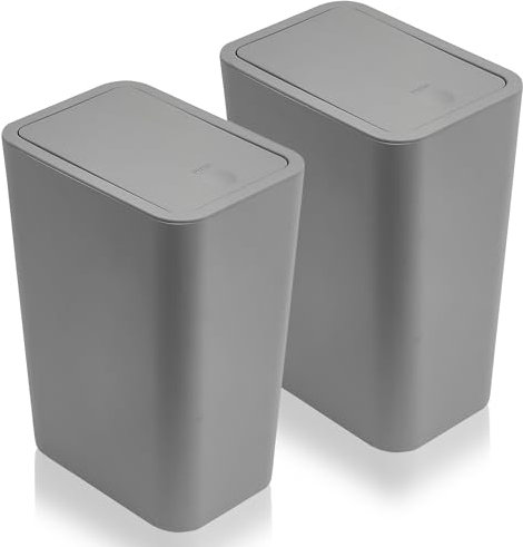 Accmuzzy 2pcs 9L Bathroom Bin,Slim Bin for Bedroom,Dog Proof Bathroom Bin with Lid,Trash Can Narrow Bedroom Bin,Touch Top Toilet Bin,Plastic Thin Bin for Office,Living Room,Kitchen,Toilet,Room (Grey)