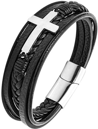 JUZICHEN Bracelet Homme, Bracelet cuir pour hommes, Bracelets Croix Vie Viking Arbre De Vie, Brun Noire Bracelets crucifixion Homme (Style A, Argent)