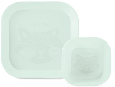 Miniland Dolce Mint Set de plato cuadrado y bol. Vajilla cuadrada que incluye plato llano y bol. Fabricada en España y diseñada para todos los niños.