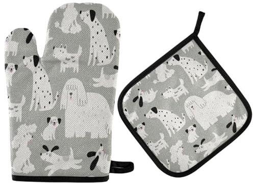 Ufuson Ofenhandschuhe und Topflappen-Set, Motiv: verschiedene Katzen, Hunde, niedliche Haustiere, Küche, Ofenhandschuhe, heiße Pads, hitzebeständige Handhabung, Kochen, Kochgeschirr, Backgeschirr, BBQ