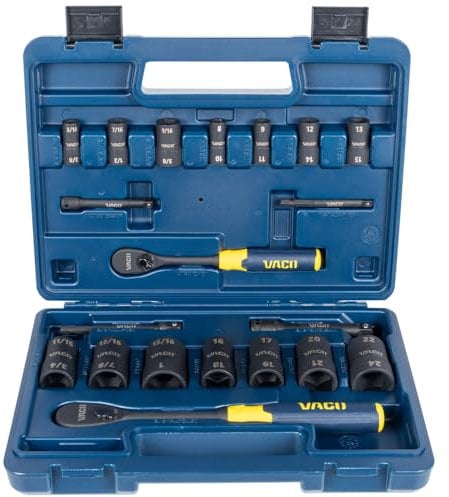 VACO VAC4202 20-Piece 2-in-1 Impact Flip Socket Set with Case, Adapters, Ratchet, 14 Sockets, 28 SAE and Metric Sizes for 1/4 and 3/8-Inch Drives