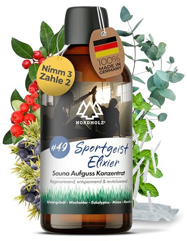 NORDHOLZ® Saunaaufguss [54 Sorten 15ml, 100ml, 250ml] - Sauna Aufgussmittel für intensive & erholsame - Sauna Zubehör (#49 Sportgeist- Elixier, 100ml)