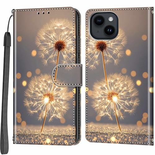 Salanheo Handyhülle für iPhone 15 Hülle, Löwenzahn | Magnetische, Stoßfeste Faltbar Klapphülle, Standfunktion, Kartenfächern, Geldbeutel, PU Lederhülle, Handytasche