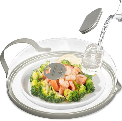 Microwave Splatter Cover with Water Steamer for Food - Steam Microwave Splatter Guard with Handle Plate Covers for Heating Food Splash Oven Lid with Built in Steamer