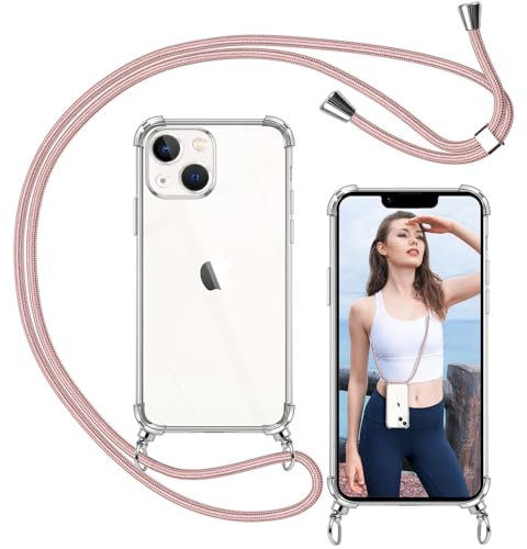 ISOI-Coque Cordon Compatible avec iPhone 13 Mini, Collier Réglable Téléphone Portable Lanyard Case, Ètuis à Bandoulière Transparente en Silicone TPU Souple avec Airbag Antichoc-Rose