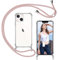 ISOI-Coque Cordon Compatible avec iPhone 13 Mini, Collier Réglable Téléphone Portable Lanyard Case, Ètuis à Bandoulière Transparente en Silicone TPU Souple avec Airbag Antichoc-Rose