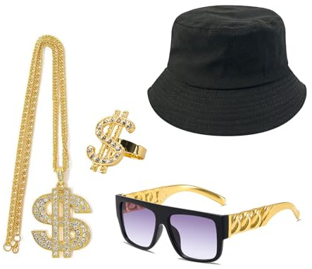 AYNKH 4 Stück Hip Hop Kostüm Zubehör Fake Dollar Logo Halskette Ring Schwarz Fischerhut Sonnenbrille Unisex Erwachsene Herren Hip-Hop Karneval