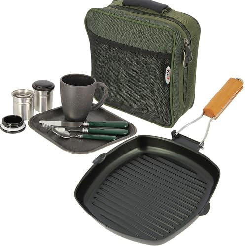 Compact Camping Cutlery Set Outdoor Picnic Dining Kit with Non Stick Frying Pan Includes Plate, Mug, Cutletry, Containers & Green Case - Ideal for Fishing, Hiking & Travel NGT