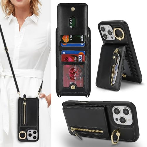 Zouzt for iPhone 16 Pro Case with Cord and Card Holde, Zipper Wallet Case with Crossbody Lanyard Ring Adjustable Necklace Protective Cover Women for iPhone 16 Pro 6.3 Inch - Black