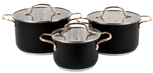 KARL HAUSMANN Topfset Induktion aus Edelstahl, 6-teilig, Schwarz-Gold | Töpfe mit 3 Glasdeckel mit Dampföffnungen, Innenskalen, Ø 16 / 18 / 22 cm, Kochtopf für Gas, Elektro und Glaskeramik