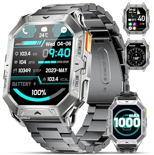 HIRREO Montre Connectée Homme avec 1000 mAh 50 Jours Batteria AMOLED Écran 10ATM Imperméable Bluetooth Appel Android iOS Smartwatch Homme Boussole/Podómetro/Fréquence Cardiaque 100+ Modes Sportifs