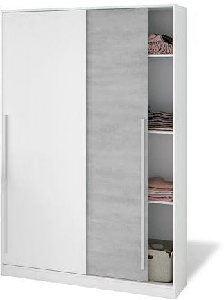 duehome | Armario de 2 Puertas Correderas, Barra de Colgar y Estantes, Armario para Dormitorio, Modelo Show, Acabado en Blanco Artik y Cemento, Medidas: 120 cm (Largo) x 200 cm (Alto) x 50 cm (Fondo)