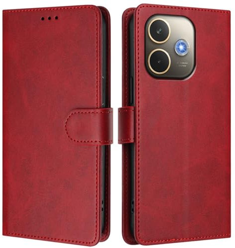 Étui en cuir synthétique compatible avec le smartphone OPPO A5 PRO 5G avec [porte-cartes de crédit] [blocage RFID], étui de protection à rabat en cuir synthétique pour homme et femme, rouge