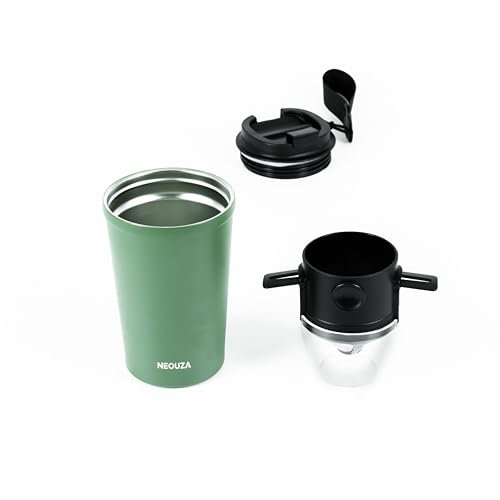 NEOUZA Dripper de café con vaso aislado al vacío, filtro de acero inoxidable reutilizable, cafetera portátil plegable sin papel para camping, viajes (vaso verde + goteador)