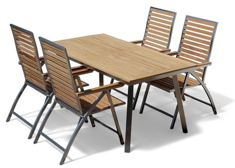 ALEOS. Gartengarnitur Edelstahl Teak Set Nassau Tisch 160x90 cm + 4 Hochlehner Beste Teakholz Qualität A-Grade Sitzgarnitur Gastronomiequalität Gartenmöbelgarnitur Esstischset Hochlehnerset