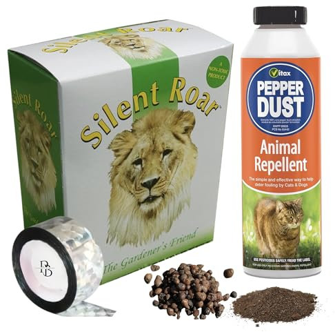 Natural Cat Deterrent for Gardens UK – Silent Roar Lion Dung Pellets, Vitax Pepper Dust & Reflective Tape – Stop Cats Pooping in Garden