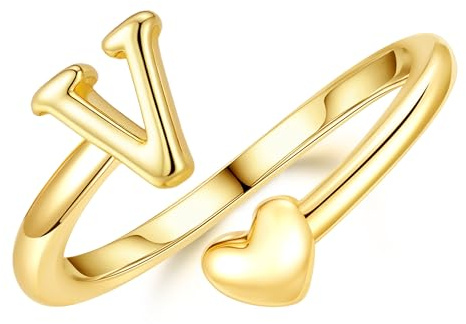 TINGN Ring Gold Damen Mädchen - 14K Gold Vergoldet Wasserfest Herz Ringe mit Buchstaben Stapelring Stapelbar Promise Daumenring Statement Goldring Geschenke für Frauen Freundin Mädchen Schmuck