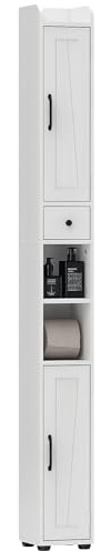 HOMCOM Badezimmer-Hochschrank, Säulenschrank, 2 Türen, Schublade, offene Nischen, verstellbare Regale und Papierhalter, schmales Möbel für Toilette, kleine Räume, 20x20x185cm, weiß