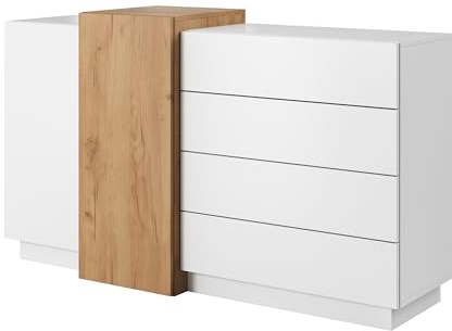 Masseno Kommode TRES 160 cm, Sideboard mit 4 Schubladen und 2 Türen, für Wohnzimmer, Schlafzimmer, Modern 160x45x94 cm, Weiß/Orange