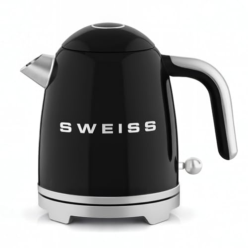 SWEISS Bouilloire électrique vintage KTS9, 1L, Inox compacte pratique 1200W, Ébullition rapide, Niveau d'eau visible et gradué, Arrêt automatique, Base pivotante 360°, Noir