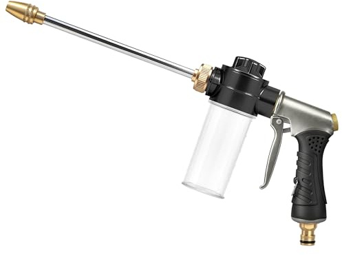 Metall Gartenbrause mit 100-ml-Seifenspender, Gummierter Griff, Hochdruckpistole Garten Spritze Gartenschlauch Brause, Verstellbarer Wasserdurchfluss für Bewässerung, Autowäsche(längerer Sprüher)