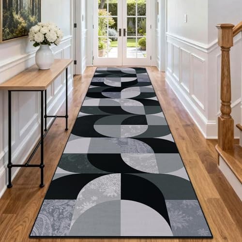 TUKDAK Boho Teppich Läufer Flur 80x300 cm, Schwarz Waschbar Küchenteppich, Geometrischer rutschfester Flurläufer Lang, Weicher Kurzflor Küchenläufer für Eingänge Schlafzimmer Wohnzimmer Korridor Küche